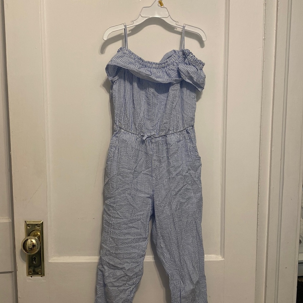 Striped off the shoulder romper with pockets!